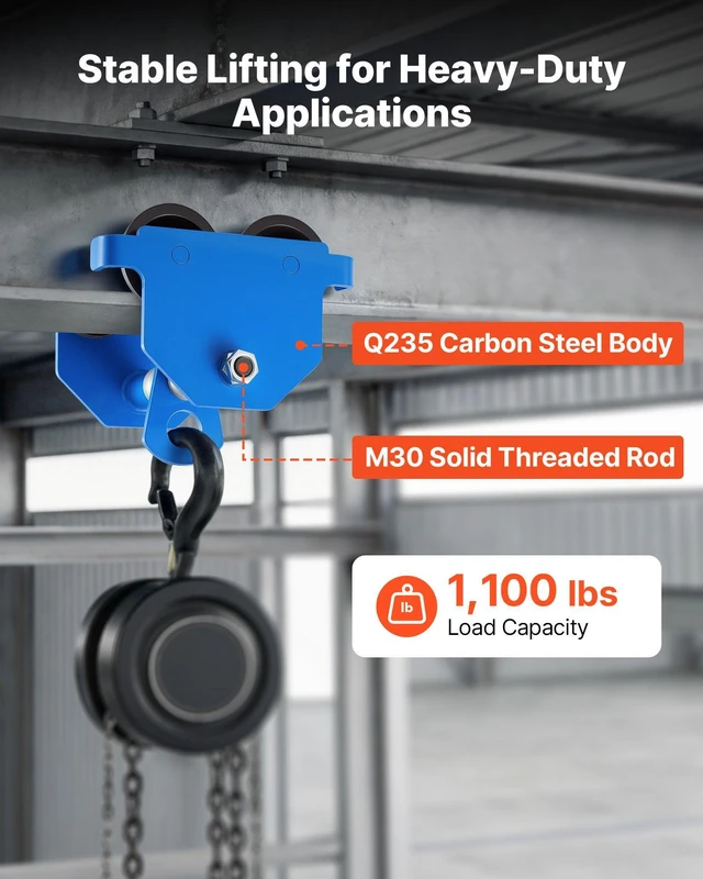 Alt view image 3 of 8 - VEVOR Manual Trolley, 1100 lbs/0.5 Ton Capacity, Push Beam Trolley with Dual Wheels, Adjustable for I-Beam Flange Width 2.1" to 5.5", Heavy Duty Carbon Steel Garage Hoist for Straight & Curved I Beam