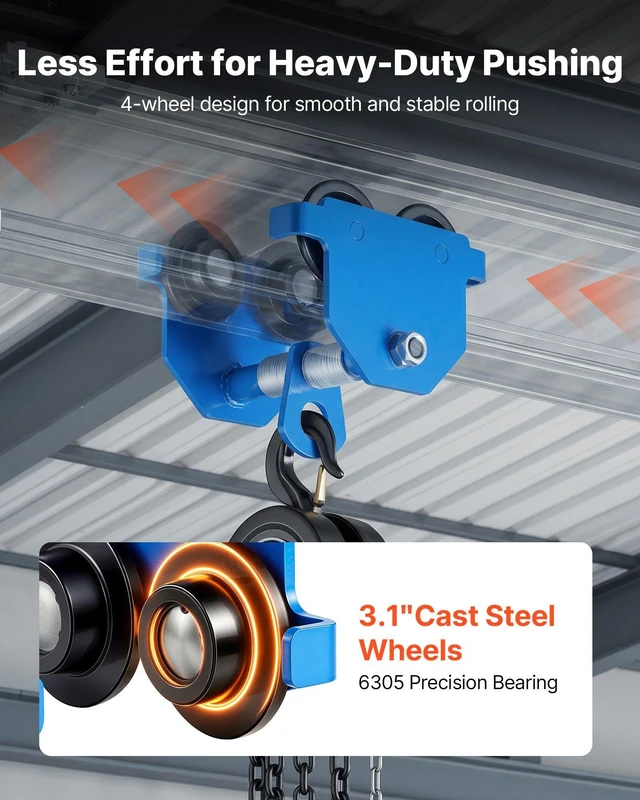 Alt view image 4 of 8 - VEVOR Manual Trolley, 1100 lbs/0.5 Ton Capacity, Push Beam Trolley with Dual Wheels, Adjustable for I-Beam Flange Width 2.1" to 5.5", Heavy Duty Carbon Steel Garage Hoist for Straight & Curved I Beam