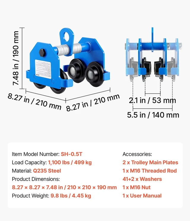 Alt view image 7 of 8 - VEVOR Manual Trolley, 1100 lbs/0.5 Ton Capacity, Push Beam Trolley with Dual Wheels, Adjustable for I-Beam Flange Width 2.1" to 5.5", Heavy Duty Carbon Steel Garage Hoist for Straight & Curved I Beam