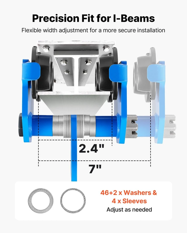 Alt view image 2 of 8 - VEVOR Manual Trolley, 4400 lbs/2 Ton Load Capacity, Push Beam Trolley with Dual Wheels, Adjustable for I-Beam Flange Width 2.4" to 7", Heavy Duty Carbon Steel Garage Hoist for Straight & Curved I Beam