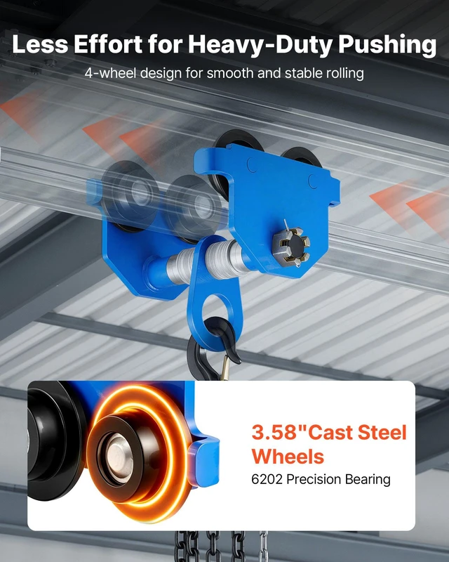 Alt view image 4 of 8 - VEVOR Manual Trolley, 4400 lbs/2 Ton Load Capacity, Push Beam Trolley with Dual Wheels, Adjustable for I-Beam Flange Width 2.4" to 7", Heavy Duty Carbon Steel Garage Hoist for Straight & Curved I Beam
