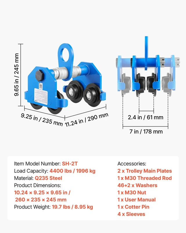 Alt view image 7 of 8 - VEVOR Manual Trolley, 4400 lbs/2 Ton Load Capacity, Push Beam Trolley with Dual Wheels, Adjustable for I-Beam Flange Width 2.4" to 7", Heavy Duty Carbon Steel Garage Hoist for Straight & Curved I Beam