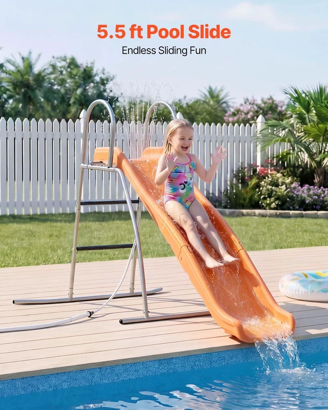 Alt view image 2 of 8 - VEVOR Water Slide, 5.5ft Outdoor Waterslide for Kids, Free Standing Pool Wave Slide with 6.5ft Ground Tarp, Built in Adjustable Sprinkler, Metal Plastic Playground Equipment, Platform for Backyard Fun