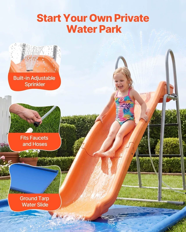 Alt view image 4 of 8 - VEVOR Water Slide, 5.5ft Outdoor Waterslide for Kids, Free Standing Pool Wave Slide with 6.5ft Ground Tarp, Built in Adjustable Sprinkler, Metal Plastic Playground Equipment, Platform for Backyard Fun