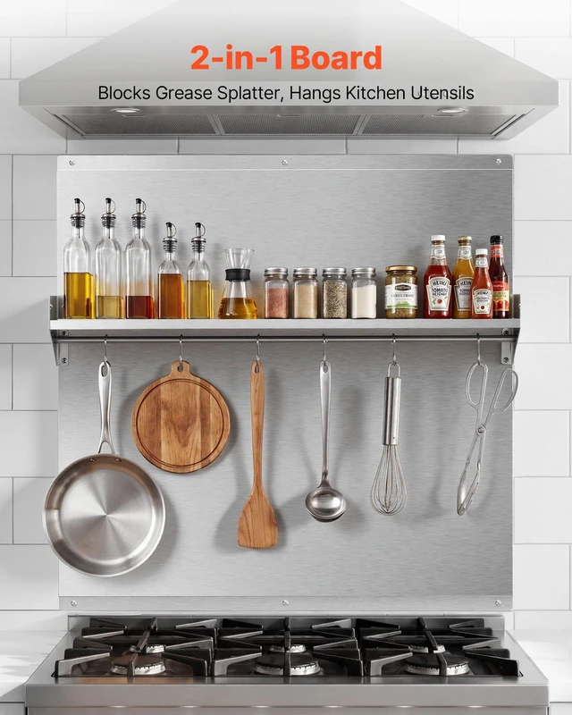 Alt view image 2 of 8 - VEVOR 30" x 30" Stainless Steel Backsplash for Stove, Ultra Flat Splatter Guard with Storage Shelf & Hanging Rack, Wall Shield Range Hood Panel, Easy Clean, Pre-Drilled Holes for Easy Installation