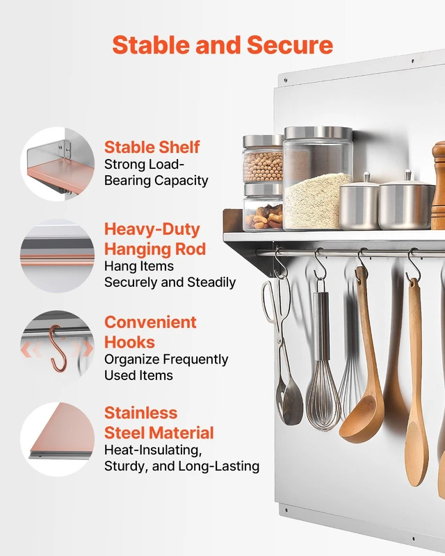 Alt view image 3 of 8 - VEVOR 30" x 30" Stainless Steel Backsplash for Stove, Ultra Flat Splatter Guard with Storage Shelf & Hanging Rack, Wall Shield Range Hood Panel, Easy Clean, Pre-Drilled Holes for Easy Installation