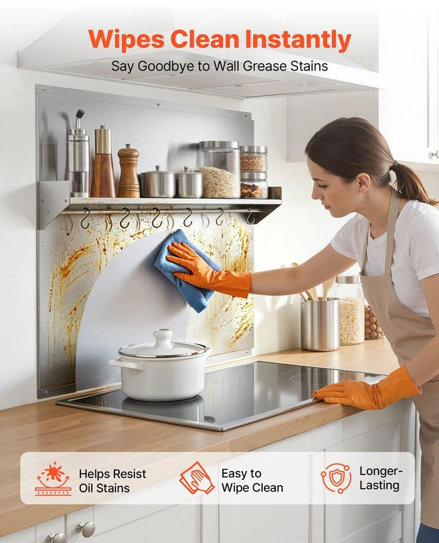 Alt view image 4 of 8 - VEVOR 30" x 30" Stainless Steel Backsplash for Stove, Ultra Flat Splatter Guard with Storage Shelf & Hanging Rack, Wall Shield Range Hood Panel, Easy Clean, Pre-Drilled Holes for Easy Installation