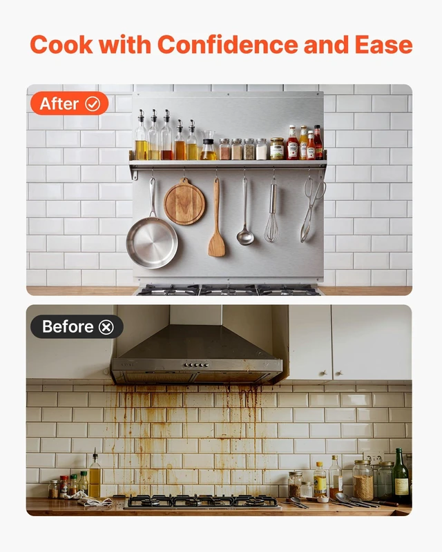 Alt view image 5 of 8 - VEVOR 30" x 30" Stainless Steel Backsplash for Stove, Ultra Flat Splatter Guard with Storage Shelf & Hanging Rack, Wall Shield Range Hood Panel, Easy Clean, Pre-Drilled Holes for Easy Installation