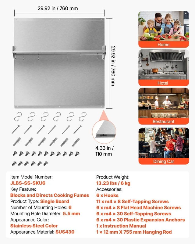 Alt view image 7 of 8 - VEVOR 30" x 30" Stainless Steel Backsplash for Stove, Ultra Flat Splatter Guard with Storage Shelf & Hanging Rack, Wall Shield Range Hood Panel, Easy Clean, Pre-Drilled Holes for Easy Installation