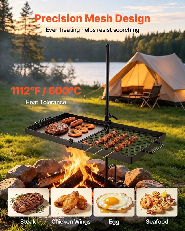 Alt view image 4 of 8 - VEVOR Heavy Duty Swivel Campfire Grill, 24" Portable Camping Grill Grate & Griddle, Sturdy Steel BBQ Mesh, 360° Height Adjustable Over Fire Pit Equipment, for Outdoor Open Flame Cooking, Black