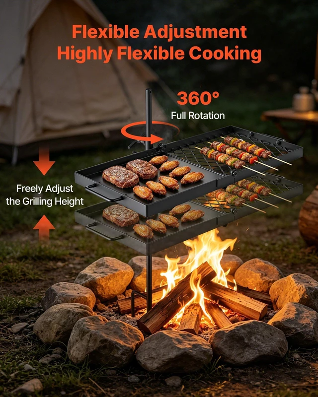 Alt view image 5 of 8 - VEVOR Heavy Duty Swivel Campfire Grill, 24" Portable Camping Grill Grate & Griddle, Sturdy Steel BBQ Mesh, 360° Height Adjustable Over Fire Pit Equipment, for Outdoor Open Flame Cooking, Black