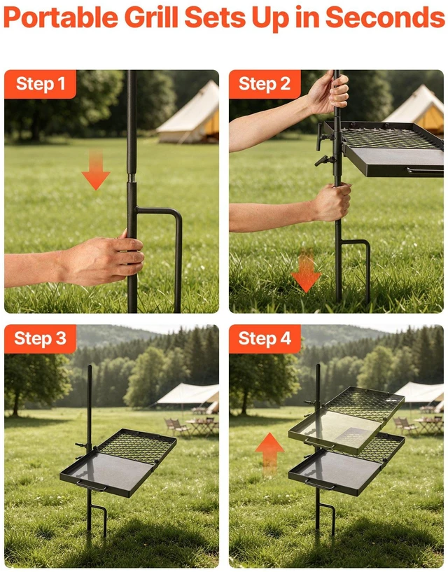 Alt view image 6 of 8 - VEVOR Heavy Duty Swivel Campfire Grill, 24" Portable Camping Grill Grate & Griddle, Sturdy Steel BBQ Mesh, 360° Height Adjustable Over Fire Pit Equipment, for Outdoor Open Flame Cooking, Black