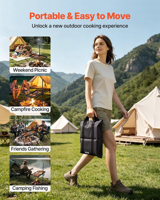 Alt view image 7 of 8 - VEVOR Heavy Duty Swivel Campfire Grill, 24" Portable Camping Grill Grate & Griddle, Sturdy Steel BBQ Mesh, 360° Height Adjustable Over Fire Pit Equipment, for Outdoor Open Flame Cooking, Black