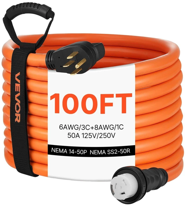 Main image of VEVOR 50 Amp Generator Cord, 100 Feet, 125/250V RV Power Cord NEMA 14-50P to SS2-50R with Twist Lock, Grip Handle, Heavy Duty 6AWG/3 + 8AWG/1 Generator Cable, for RV Camper Generator to House, Orange