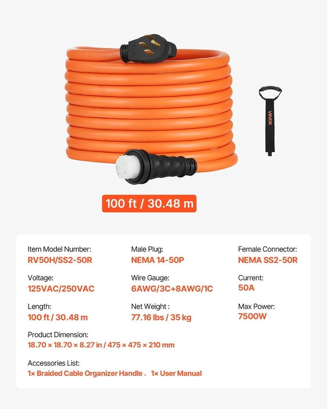 Alt view image 7 of 8 - VEVOR 50 Amp Generator Cord, 100 Feet, 125/250V RV Power Cord NEMA 14-50P to SS2-50R with Twist Lock, Grip Handle, Heavy Duty 6AWG/3 + 8AWG/1 Generator Cable, for RV Camper Generator to House, Orange