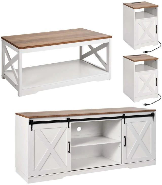 Main image of VEVOR 4 Pieces Farmhouse Coffee Table Sets, 40 in Coffee Table with 2 End Tables and 66 in TV Stand, Easy Assembly Living Room Tables Sets with Charging Station, for Office, Living Room & Apartment