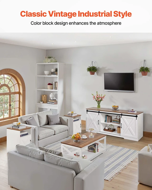 Alt view image 2 of 8 - VEVOR 4 Pieces Farmhouse Coffee Table Sets, 40 in Coffee Table with 2 End Tables and 66 in TV Stand, Easy Assembly Living Room Tables Sets with Charging Station, for Office, Living Room & Apartment