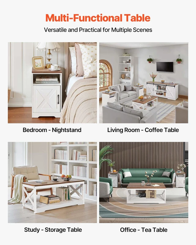Alt view image 6 of 8 - VEVOR 4 Pieces Farmhouse Coffee Table Sets, 40 in Coffee Table with 2 End Tables and 66 in TV Stand, Easy Assembly Living Room Tables Sets with Charging Station, for Office, Living Room & Apartment