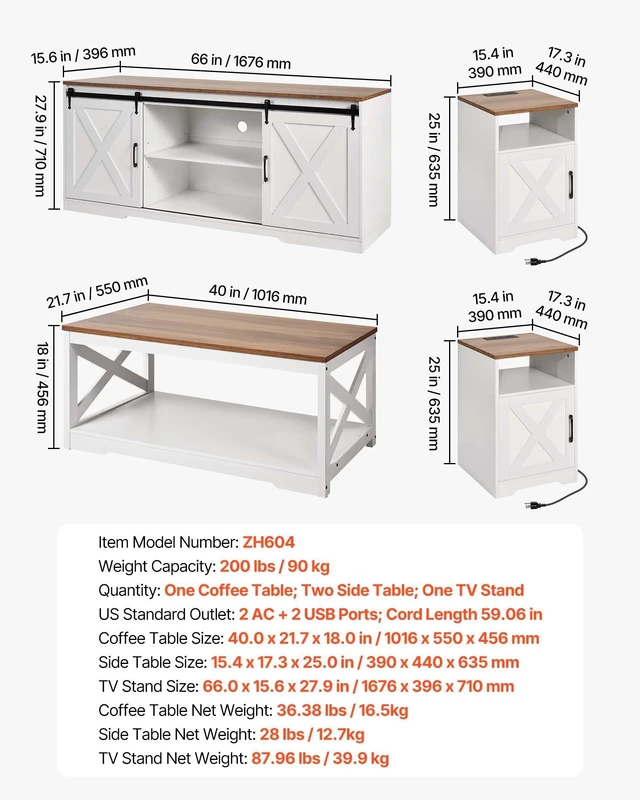 Alt view image 7 of 8 - VEVOR 4 Pieces Farmhouse Coffee Table Sets, 40 in Coffee Table with 2 End Tables and 66 in TV Stand, Easy Assembly Living Room Tables Sets with Charging Station, for Office, Living Room & Apartment