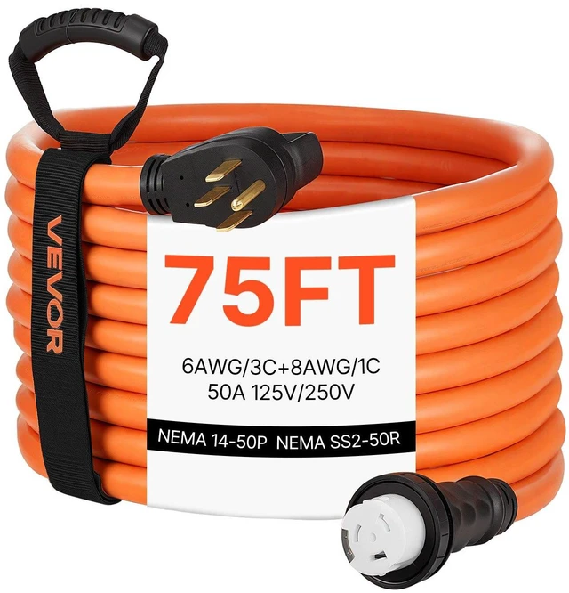 Main image of VEVOR 50 Amp Generator Cord, 75 Feet, 125/250V RV Power Cord NEMA 14-50P to SS2-50R with Twist Lock, Grip Handle, Heavy Duty 6AWG/3 + 8AWG/1 Generator Cable, for RV Camper Generator to House, Orange