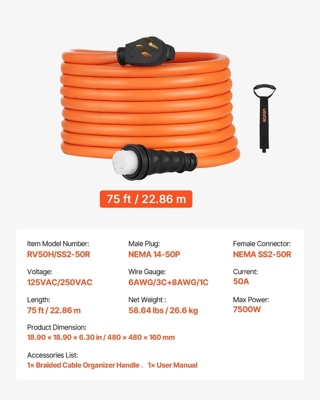 Alt view image 7 of 8 - VEVOR 50 Amp Generator Cord, 75 Feet, 125/250V RV Power Cord NEMA 14-50P to SS2-50R with Twist Lock, Grip Handle, Heavy Duty 6AWG/3 + 8AWG/1 Generator Cable, for RV Camper Generator to House, Orange