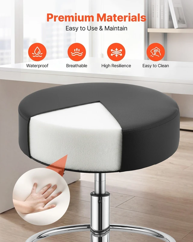 Alt view image 6 of 8 - VEVOR Rolling Stool with Wheels Footrest, 500 lbs Weight Capacity, Height Adjustable, Thick Cushion Ergonomic PU Leather Seat, 360° Swivel Round Rolling Stool Chair for Salon, Clinic, Medical, Black