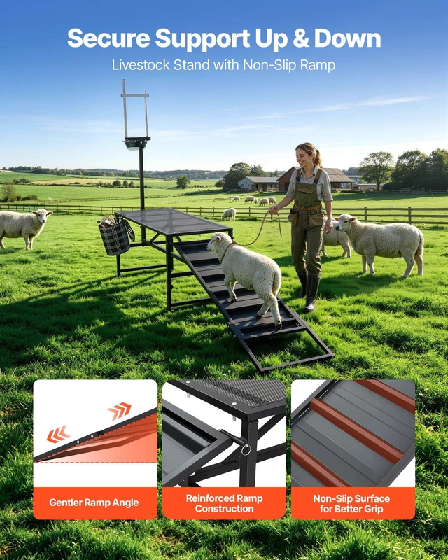 Alt view image 3 of 8 - VEVOR Goat Milking Stand, 600 lbs Heavy Duty Goat Stand with Ramp & Feed Bin, Adjustable Headpiece & Tool Basket, Stanchion for Grooming & Hoof Trimming, Metal Livestock Platform for Sheep Lamb, Black