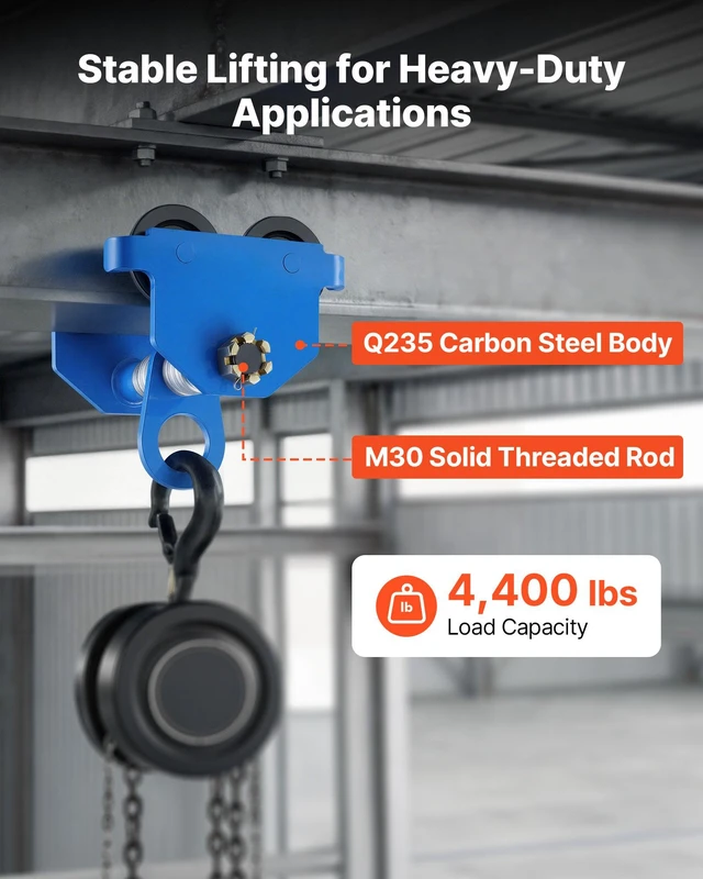 Alt view image 3 of 8 - VEVOR Manual Trolley, 4400 lbs/2 Ton Load Capacity, Push Beam Trolley with Dual Wheels, Adjustable for I-Beam Flange Width 2.4" to 7", Heavy Duty Carbon Steel Garage Hoist for Straight & Curved I Beam