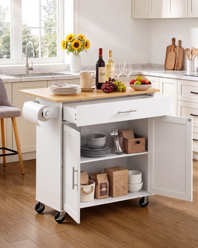 Alt view image 2 of 8 - VEVOR Kitchen Island Cart with Storage, 42.28 in Wide Mobile Rolling Storage Island on Swivel Wheels, with Drawer, Storage Cabinet, Drop Leaf, Spice Rack, Table for Home Dining Room, White
