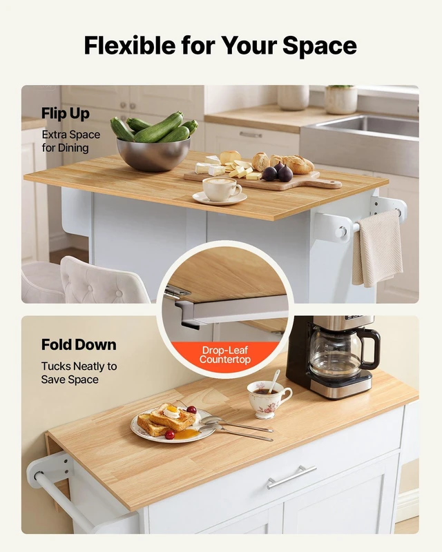 Alt view image 4 of 8 - VEVOR Kitchen Island Cart with Storage, 42.28 in Wide Mobile Rolling Storage Island on Swivel Wheels, with Drawer, Storage Cabinet, Drop Leaf, Spice Rack, Table for Home Dining Room, White