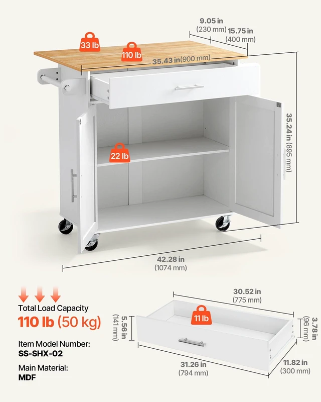 Alt view image 3 of 8 - VEVOR Kitchen Island Cart with Storage, 42.28 in Wide Mobile Rolling Storage Island on Swivel Wheels, with Drawer, Storage Cabinet, Drop Leaf, Spice Rack, Table for Home Dining Room, White