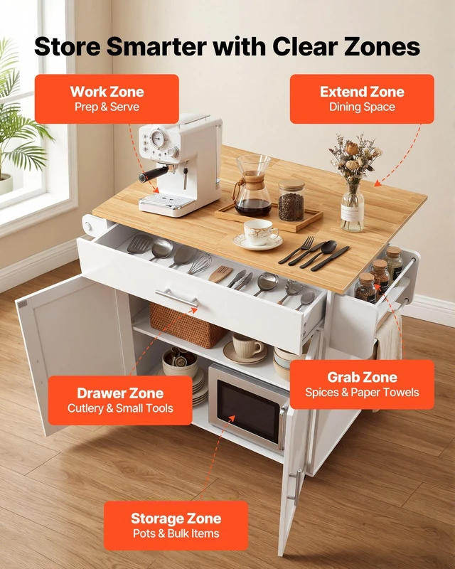 Alt view image 5 of 8 - VEVOR Kitchen Island Cart with Storage, 42.28 in Wide Mobile Rolling Storage Island on Swivel Wheels, with Drawer, Storage Cabinet, Drop Leaf, Spice Rack, Table for Home Dining Room, White