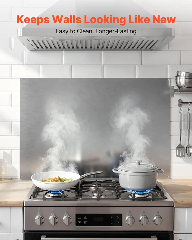 Alt view image 2 of 8 - VEVOR 36" x 24" Stainless Steel Backsplash for Stove, Ultra Flat Splatter Guard, Wall Shield Range Hood Backsplash, Easy Clean Kitchen Wall Metal Panel, Pre-Drilled Holes for Easy Installation, Silver
