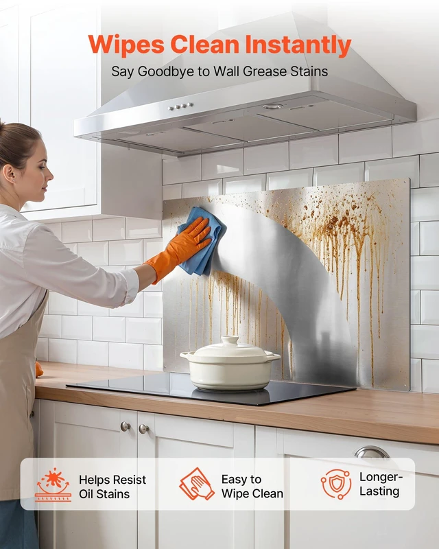 Alt view image 3 of 8 - VEVOR 36" x 24" Stainless Steel Backsplash for Stove, Ultra Flat Splatter Guard, Wall Shield Range Hood Backsplash, Easy Clean Kitchen Wall Metal Panel, Pre-Drilled Holes for Easy Installation, Silver