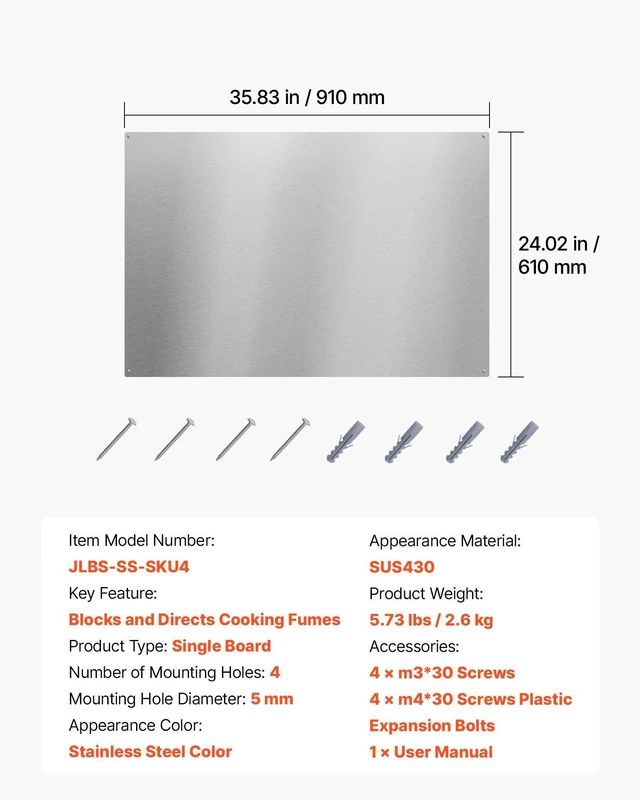 Alt view image 7 of 8 - VEVOR 36" x 24" Stainless Steel Backsplash for Stove, Ultra Flat Splatter Guard, Wall Shield Range Hood Backsplash, Easy Clean Kitchen Wall Metal Panel, Pre-Drilled Holes for Easy Installation, Silver
