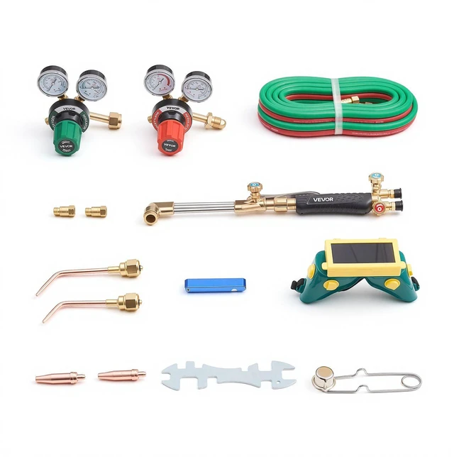 Main image of VEVOR Oxygen Acetylene Torch Kit with Check Valves, Gas Welding Cutting Torch Kit, Heavy Duty Professional Oxy Acetylene Brazing Set with 15FT Twin-Hose, 2 Cutting Tips, Welding Tips & Gas Regulators