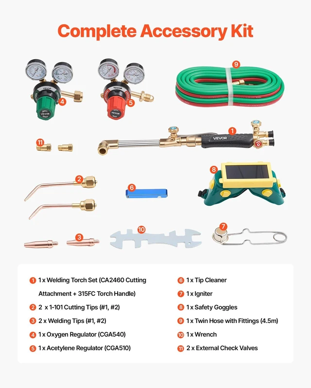 Alt view image 4 of 8 - VEVOR Oxygen Acetylene Torch Kit with Check Valves, Gas Welding Cutting Torch Kit, Heavy Duty Professional Oxy Acetylene Brazing Set with 15FT Twin-Hose, 2 Cutting Tips, Welding Tips & Gas Regulators