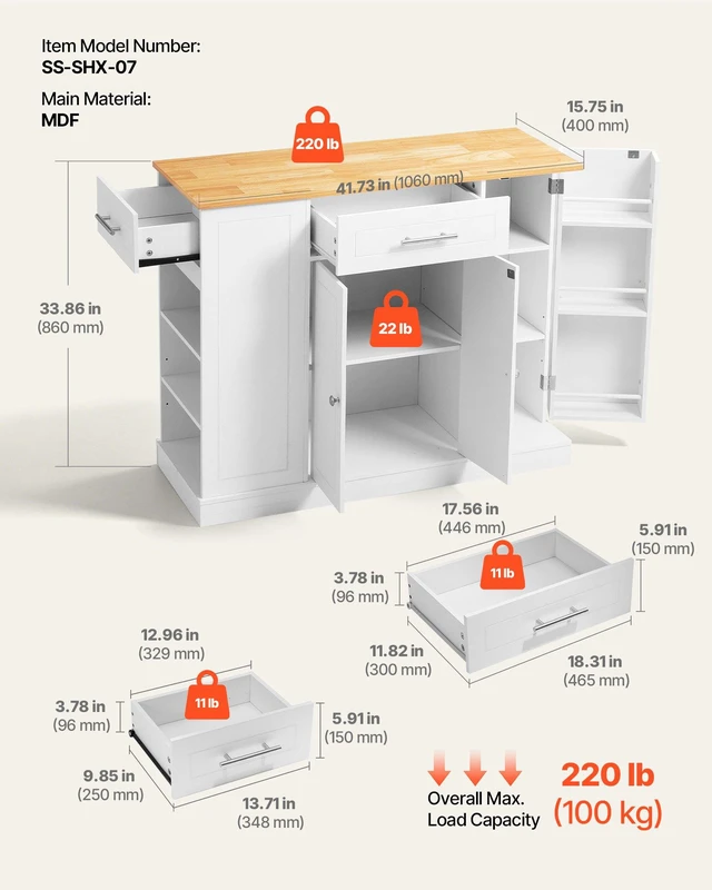 Alt view image 3 of 8 - VEVOR Kitchen Island Cart with Storage, 42.36 in Wide Island Table for Kitchen, with 2 Drawers, Storage Cabinet, Table for Home Dining Room, White