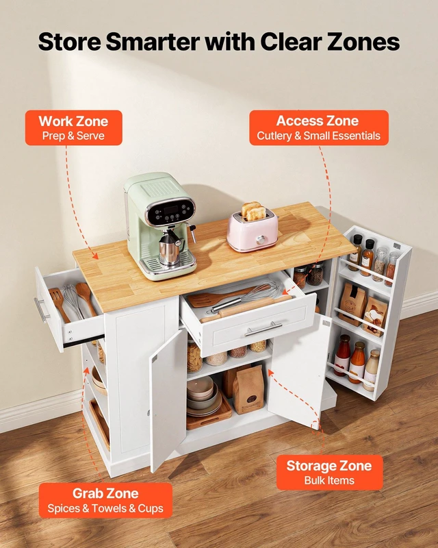 Alt view image 4 of 8 - VEVOR Kitchen Island Cart with Storage, 42.36 in Wide Island Table for Kitchen, with 2 Drawers, Storage Cabinet, Table for Home Dining Room, White