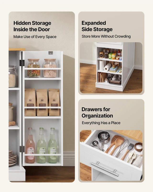 Alt view image 7 of 8 - VEVOR Kitchen Island Cart with Storage, 42.36 in Wide Island Table for Kitchen, with 2 Drawers, Storage Cabinet, Table for Home Dining Room, White