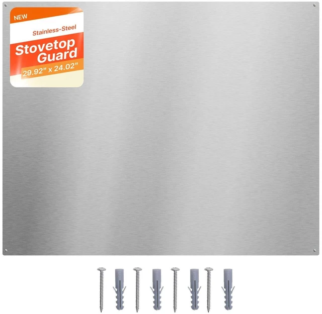 Main image of VEVOR 30" x 24" Stainless Steel Backsplash for Stove, Ultra Flat Splatter Guard, Wall Shield Range Hood Backsplash, Easy Clean Kitchen Wall Metal Panel, Pre-Drilled Holes for Easy Installation, Silver