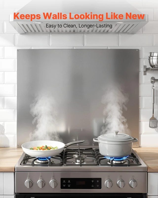 Alt view image 2 of 8 - VEVOR 30" x 24" Stainless Steel Backsplash for Stove, Ultra Flat Splatter Guard, Wall Shield Range Hood Backsplash, Easy Clean Kitchen Wall Metal Panel, Pre-Drilled Holes for Easy Installation, Silver