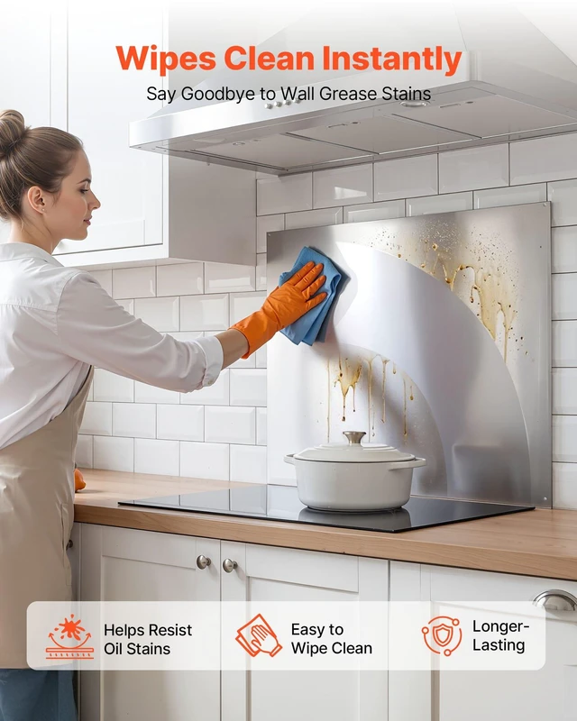 Alt view image 3 of 8 - VEVOR 30" x 24" Stainless Steel Backsplash for Stove, Ultra Flat Splatter Guard, Wall Shield Range Hood Backsplash, Easy Clean Kitchen Wall Metal Panel, Pre-Drilled Holes for Easy Installation, Silver