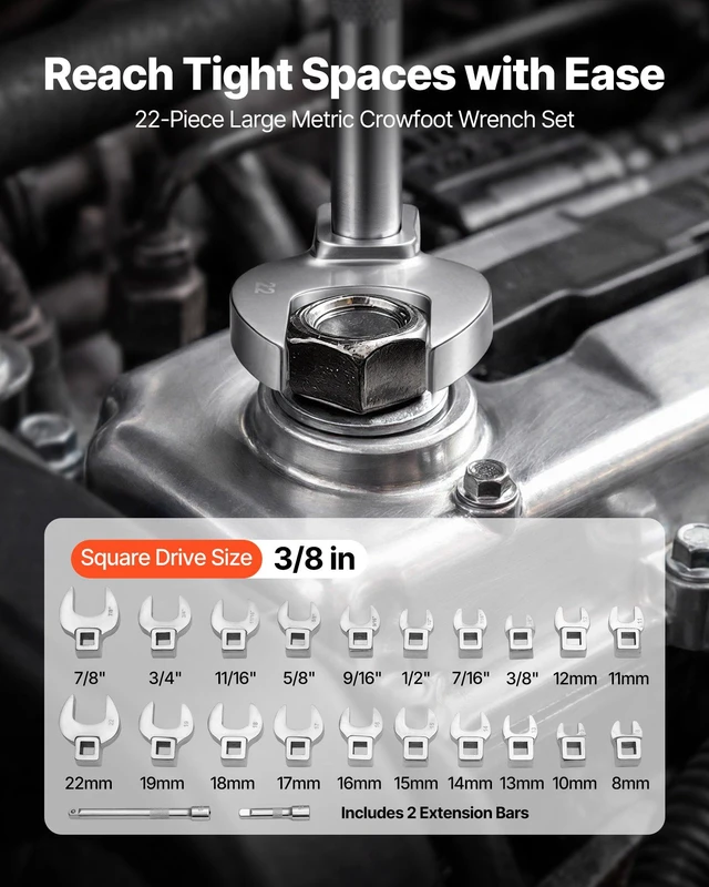 Alt view image 2 of 8 - VEVOR Crowfoot Wrench Set, 3/8" Drive, 22-Piece Metric and SAE Size Crows Foot Wrenches, Cr-Mo Alloy Steel, with Storage Tray, Dual Size Markings on Tools and Tray, for Auto Maintenance or Repairs
