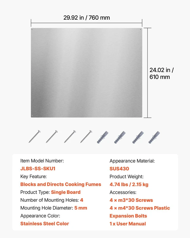 Alt view image 7 of 8 - VEVOR 30" x 24" Stainless Steel Backsplash for Stove, Ultra Flat Splatter Guard, Wall Shield Range Hood Backsplash, Easy Clean Kitchen Wall Metal Panel, Pre-Drilled Holes for Easy Installation, Silver