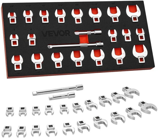 Main image of VEVOR Crowfoot Wrench Set, 3/8" Drive, 22-Piece Metric and SAE Size Crows Foot Wrenches, Cr-Mo Alloy Steel, with Storage Tray, Dual Size Markings on Tools and Tray, for Auto Maintenance or Repairs