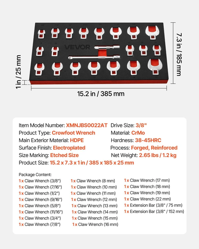 Alt view image 7 of 8 - VEVOR Crowfoot Wrench Set, 3/8" Drive, 22-Piece Metric and SAE Size Crows Foot Wrenches, Cr-Mo Alloy Steel, with Storage Tray, Dual Size Markings on Tools and Tray, for Auto Maintenance or Repairs