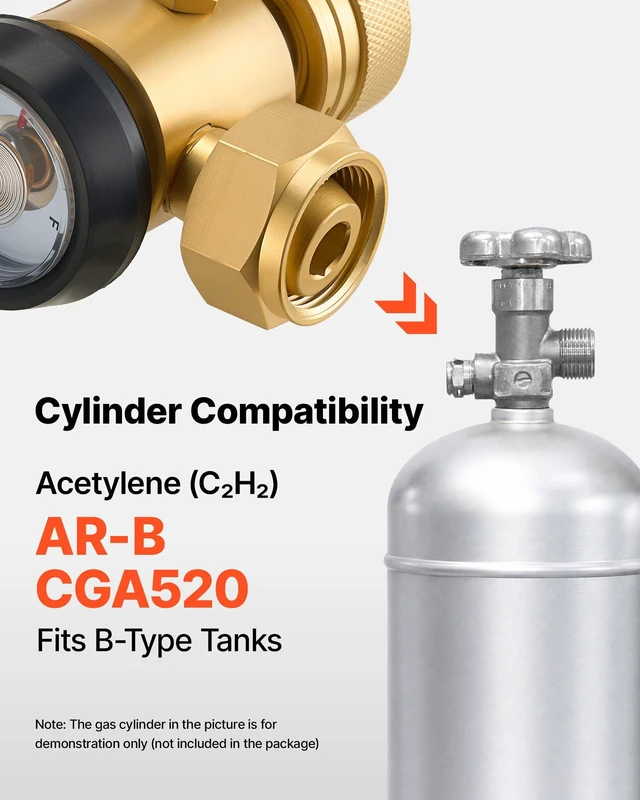 Alt view image 2 of 8 - VEVOR CGA520 Acetylene Regulator for B-Type Tanks, AR-B Air Acetylene Regulator Gauge with 3/8"-24 LH Outlet Connection, Heavy-Duty Brass Body for Welding Brazing Applications