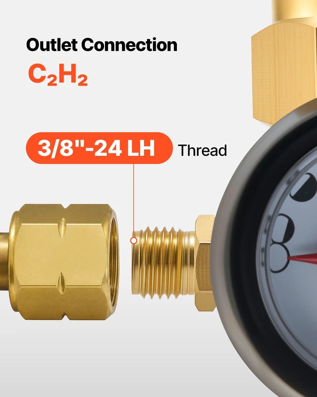 Alt view image 3 of 8 - VEVOR CGA520 Acetylene Regulator for B-Type Tanks, AR-B Air Acetylene Regulator Gauge with 3/8"-24 LH Outlet Connection, Heavy-Duty Brass Body for Welding Brazing Applications