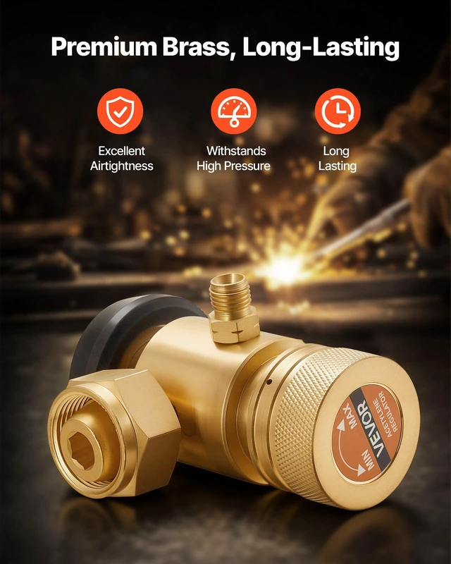 Alt view image 5 of 8 - VEVOR CGA520 Acetylene Regulator for B-Type Tanks, AR-B Air Acetylene Regulator Gauge with 3/8"-24 LH Outlet Connection, Heavy-Duty Brass Body for Welding Brazing Applications